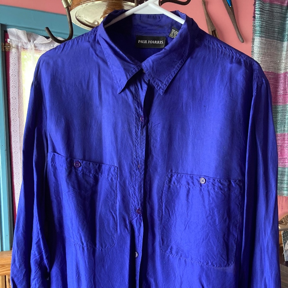 Paul Harris Size M, Sapphire Blue 100% Silk Blouse, tailored sides, long sleeves